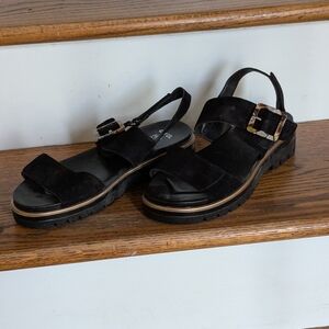 Ara Black Suede Women's Sandals with Gold Buckle